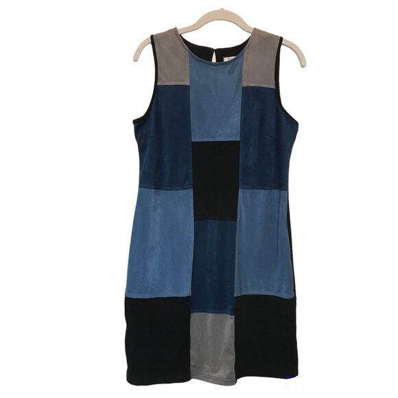 Spense Faux Suede Patchwork Sleeveless Sheath Dress in Blue Gray - Size 10 - Picture 2 of 6